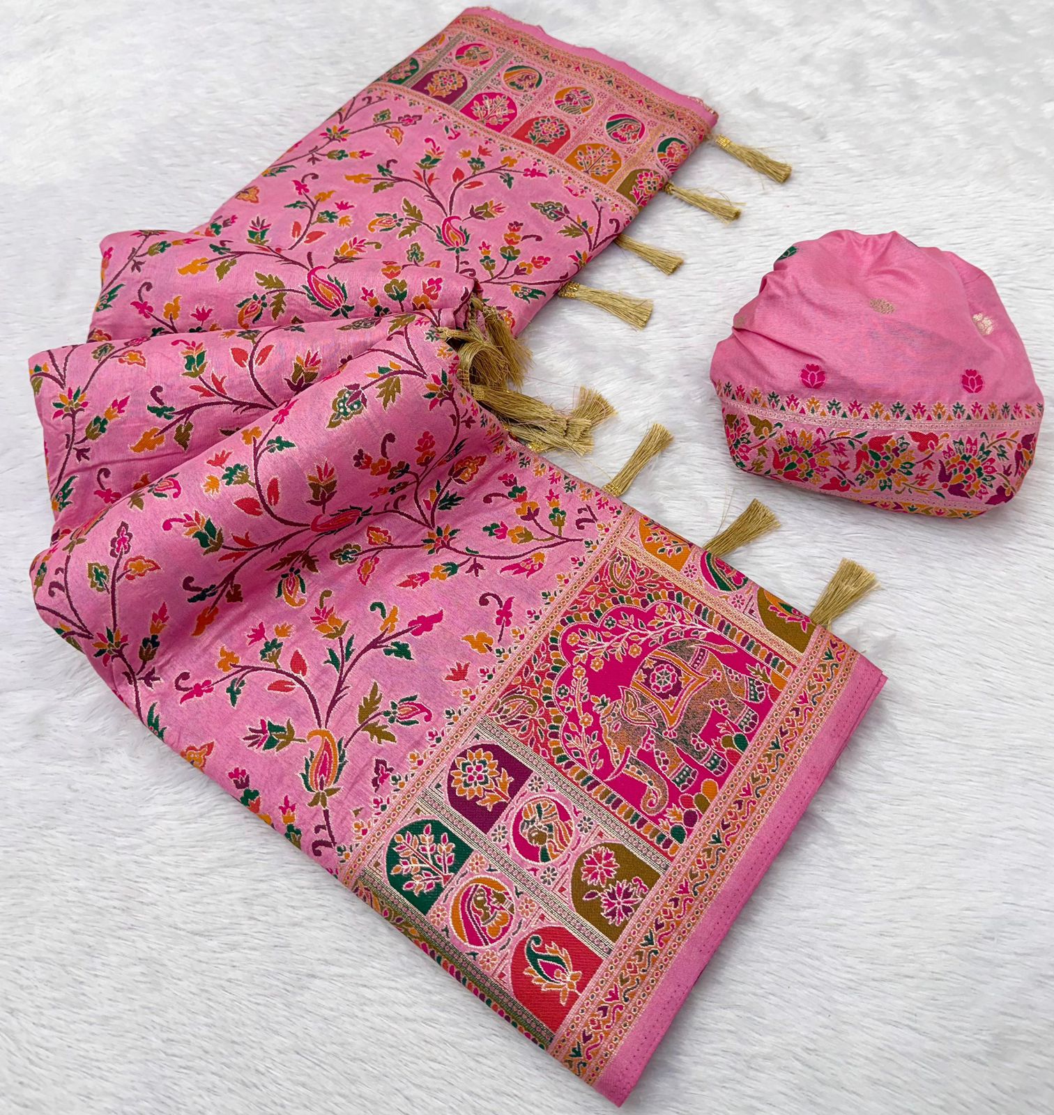 Rajwadi Pashmina Silk Saree with Kashmiri Weaving & Zari Border